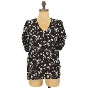 Everleigh Nordstrom V-Neck Top Blouse XS Short Puff Sleeve Floral Black NEW B31